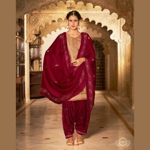 Designer Patiala Suit- Biege and Maroon